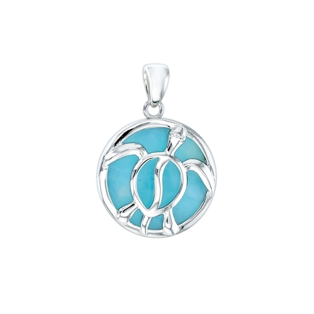 925 Sterling  Silver Larimar Turtle in Circle Pendant  4.8 gm